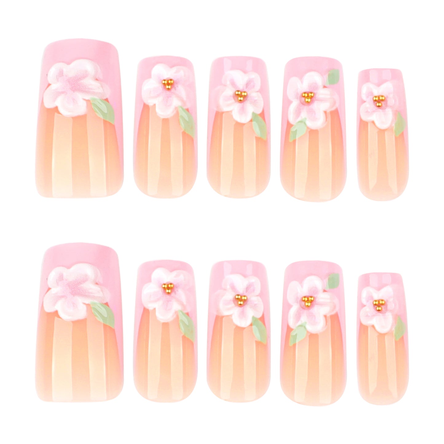 Blossom Delight Medium Square Pink Ombre Nails with Floral Embellishments