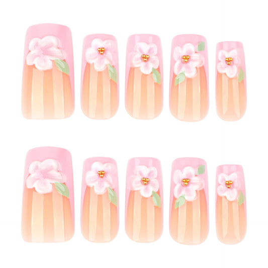 Blossom Delight Medium Square Pink Ombre Nails with Floral Embellishments