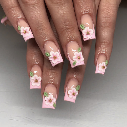 Blooming Elegance Medium Square Pink Floral Press On Nail Set with Three Dimensional Flower Accents