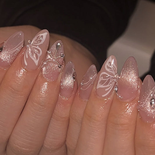 Enchanting Elegance Medium Almond Pink Press-On Nail Set with Intricate Butterfly Design and Sparkling Accents