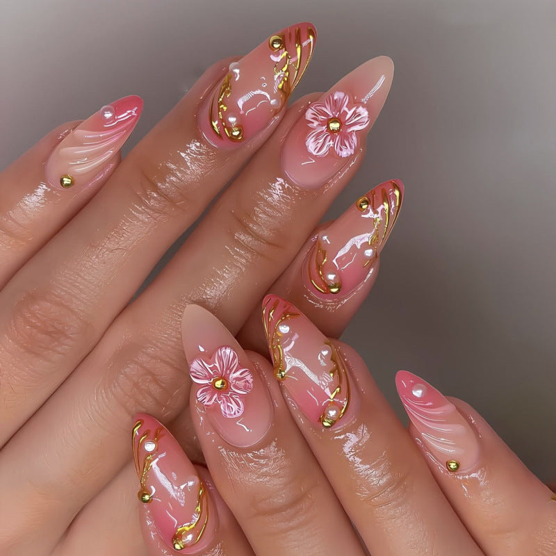 Whimsical Floral Elegance Long Almond Pink with Golden Accents and Three-Dimensional Flower Detail Press On Nail Set