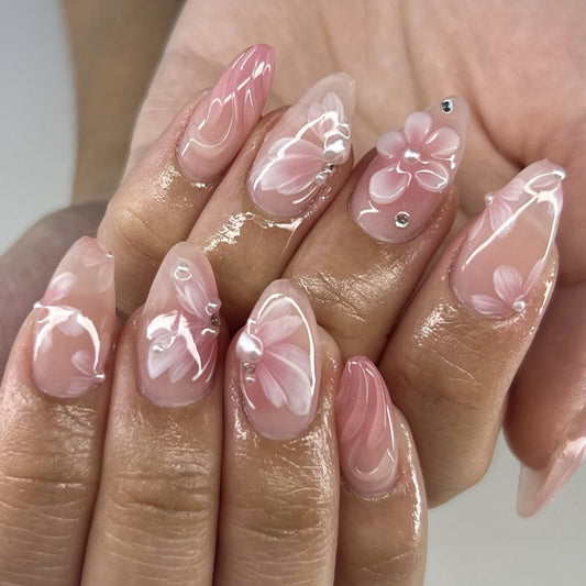 Blossom Delight Long Almond Pink Floral Press-On Nail Set with Rhinestone Accents