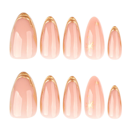 Glamorous Blossom Medium Almond Pink with Gold Edges and Sparkling Accent Nail Set