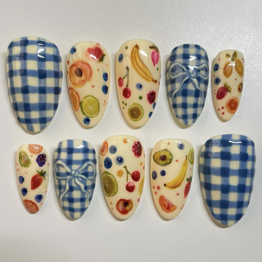 Fruit Fiesta Medium Almond Sky Blue Gingham Press On Nail Set with Vibrant Fruit Illustrations