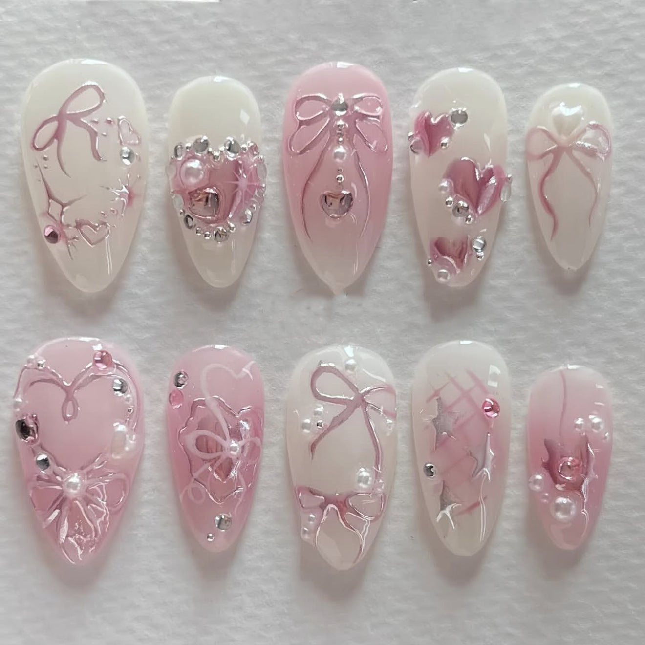Elegant Romance Medium Almond Pink Ombre with Charming Bow and Gem Accents Press On Nail Set