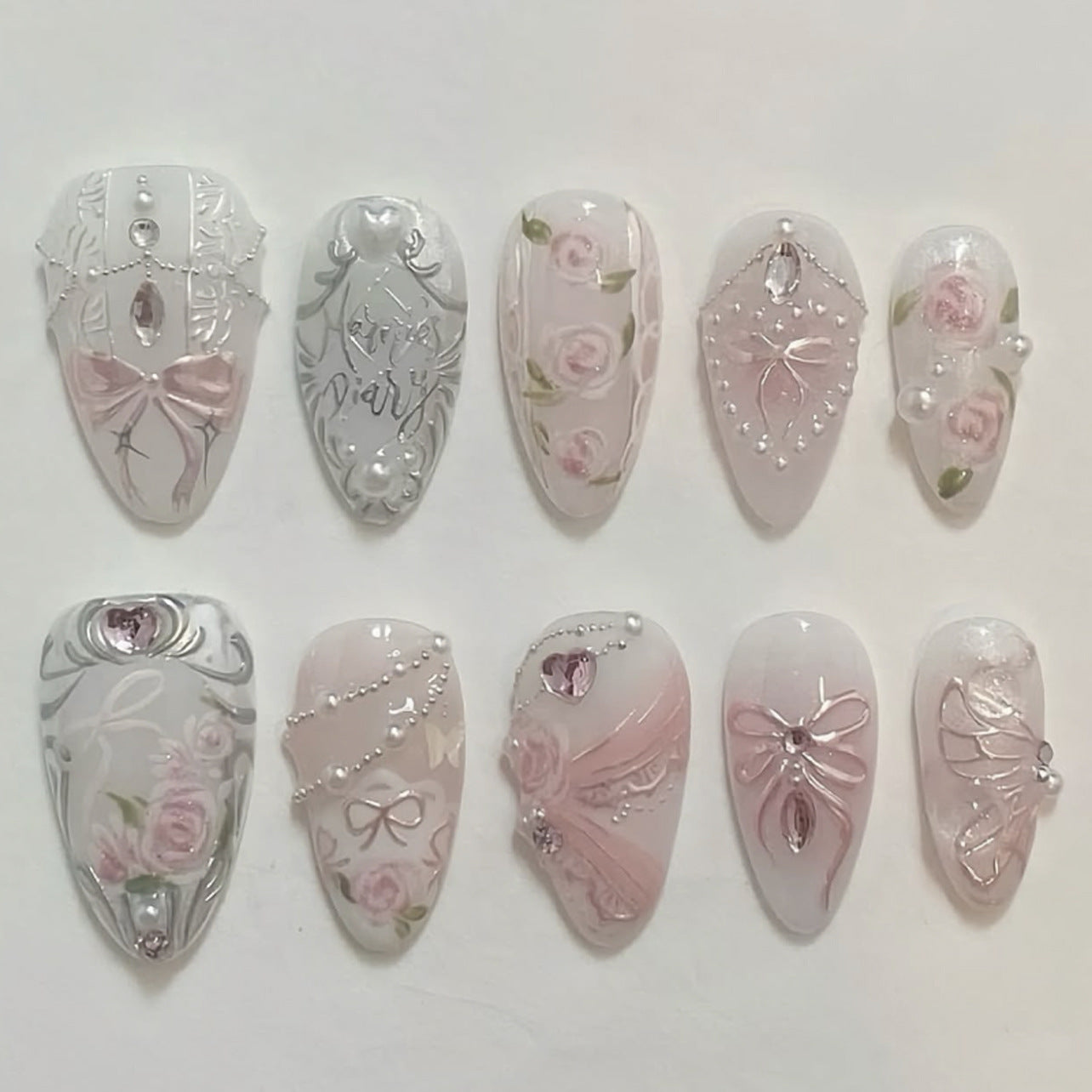 Romantic Floral Dreams Medium Almond Pink with Elegant Embellishments Press-On Nail Set