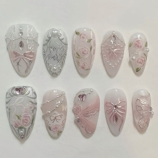 Romantic Floral Dreams Medium Almond Pink with Elegant Embellishments Press-On Nail Set