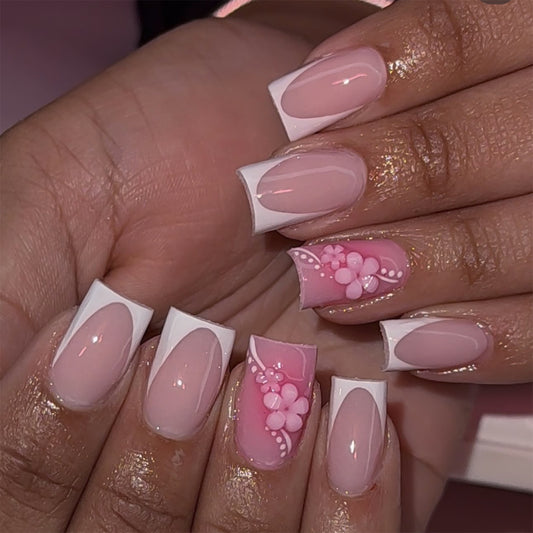 Blossoming Elegance Medium Square Pink Ombre with Floral Design Press On Nail Set