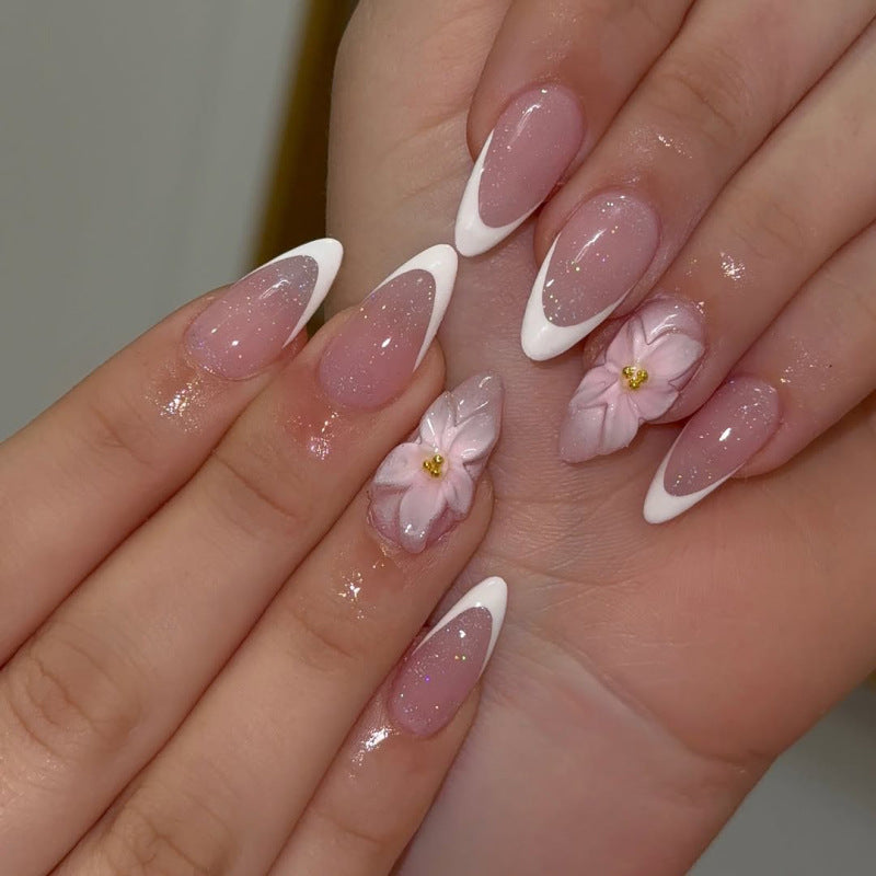 Blossom Elegance Medium Almond Pink and White Press on Nails with Floral Accents