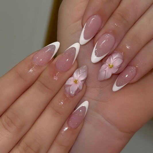 Blossom Elegance Medium Almond Pink and White Press on Nails with Floral Accents