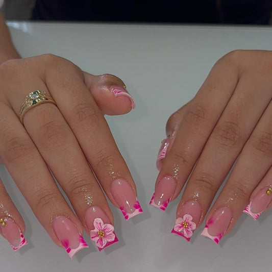 Tropical Blossom Medium Square Pink Floral Accent Press On Nail Set