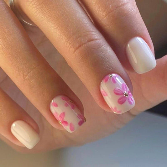 Floral Elegance Medium Square Soft Pink Press On Nail Set with Charming Flower Art and Glitter Accents