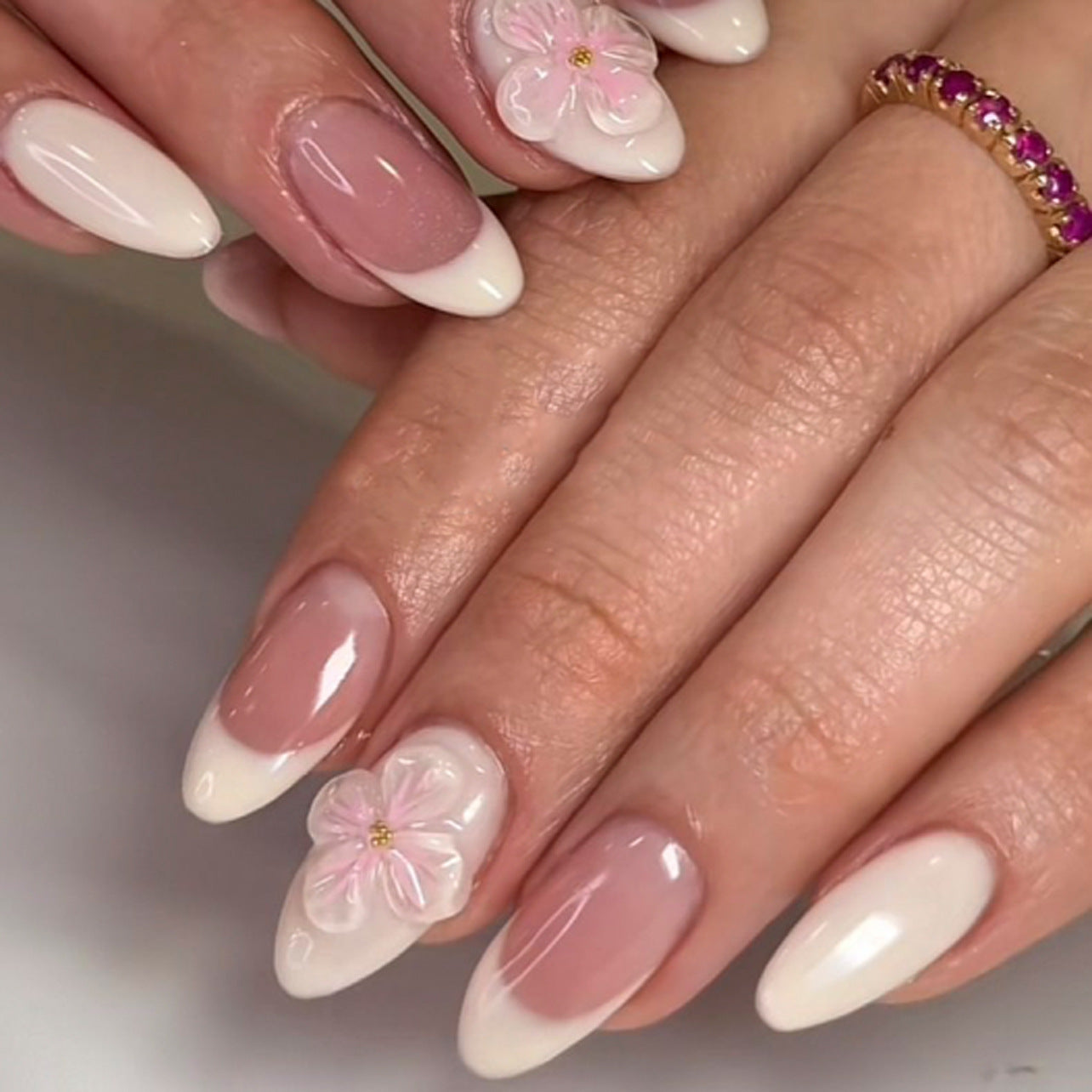 Blossom Elegance Medium Almond Pink and White Press On Nail Set with Floral Accent