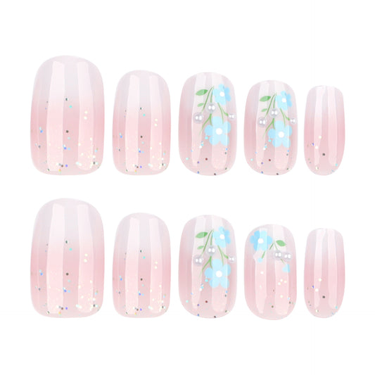 Blossoming Serenity Medium Squoval Pink Press-On Nail Set with Delicate Floral Design