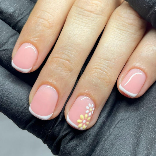 Blossom Dreamland Short Square Pink Floral Press On Nail Set with Elegant French Tips