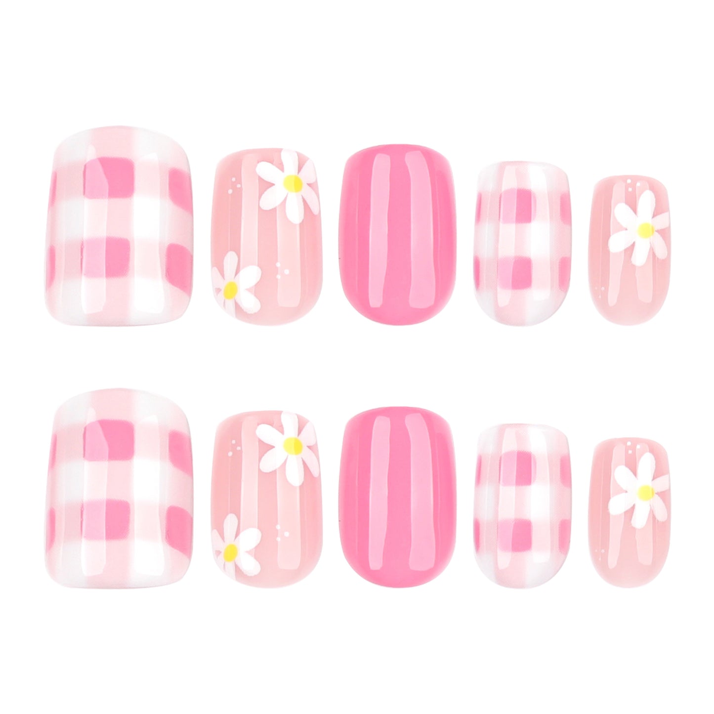 Spring Blossom Delight Pink Medium Square Press-On Nail Set with Charming Flower Accents