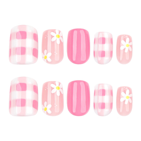 Spring Blossom Delight Pink Medium Square Press-On Nail Set with Charming Flower Accents