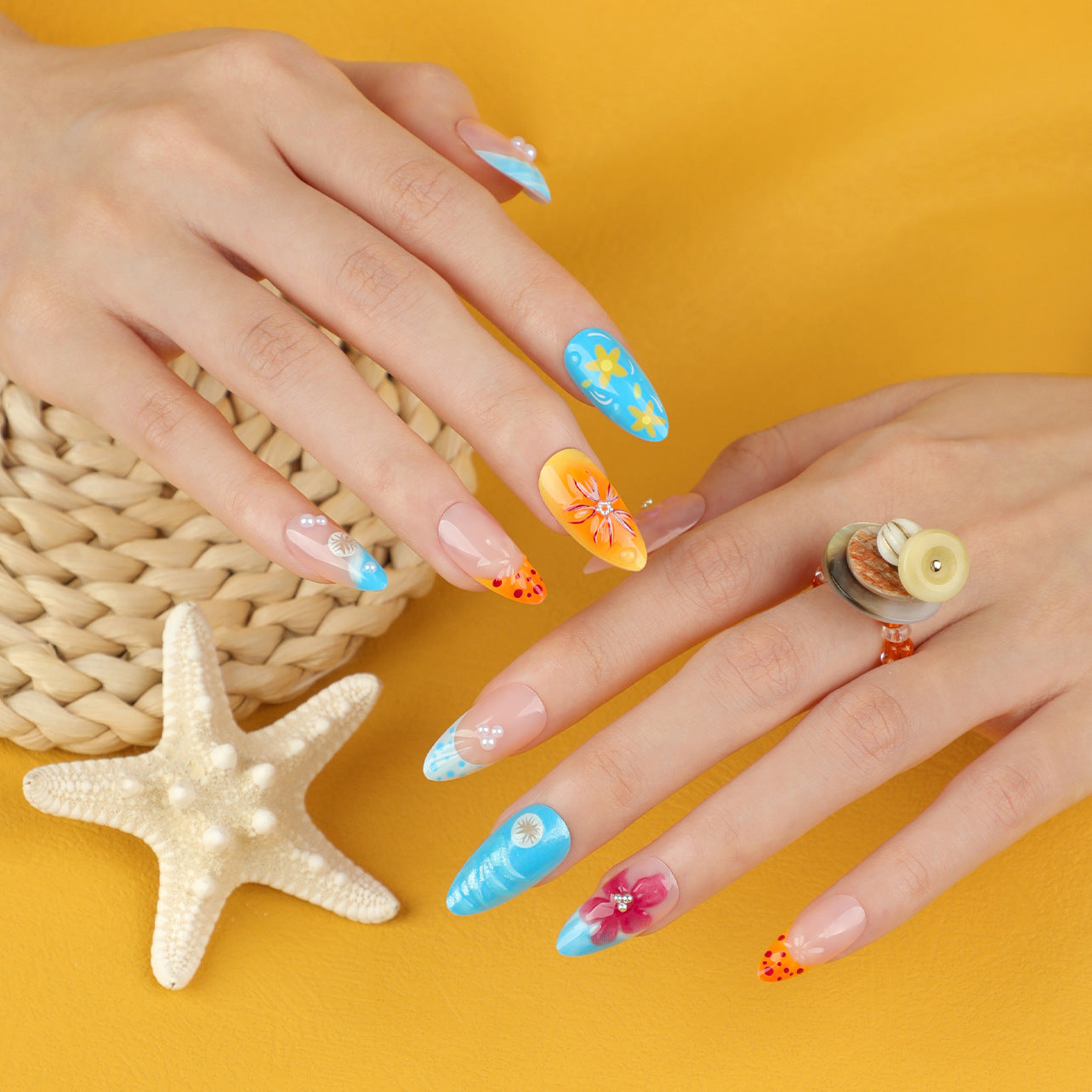 Sunny Beach Bliss Long Almond Shaped Multicolored Press On Nail Set with Tropical Floral Art