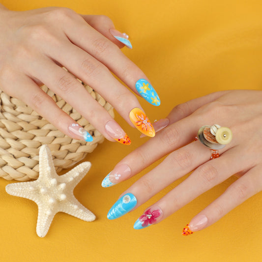 Sunny Beach Bliss Long Almond Shaped Multicolored Press On Nail Set with Tropical Floral Art