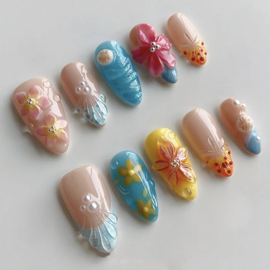 Tropical Bliss Long Almond Shaped Pastel Press On Nail Set with Floral and Pearl Embellishments