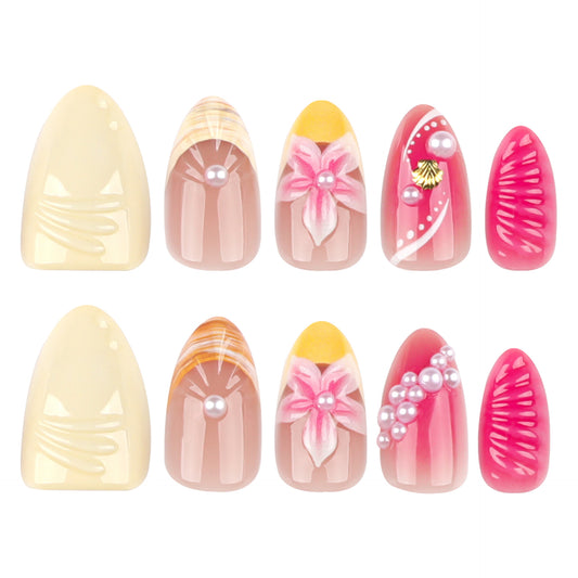 Vintage Elegance Medium Almond Shaped Pastel Pink and Cream Press On Nail Set with Floral and Pearl Accents