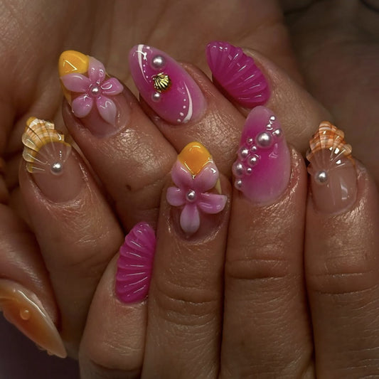 Tropical Vibes Medium Almond Pink Shell-Inspired Press On Nail Set with Floral Accents and Pearl Details