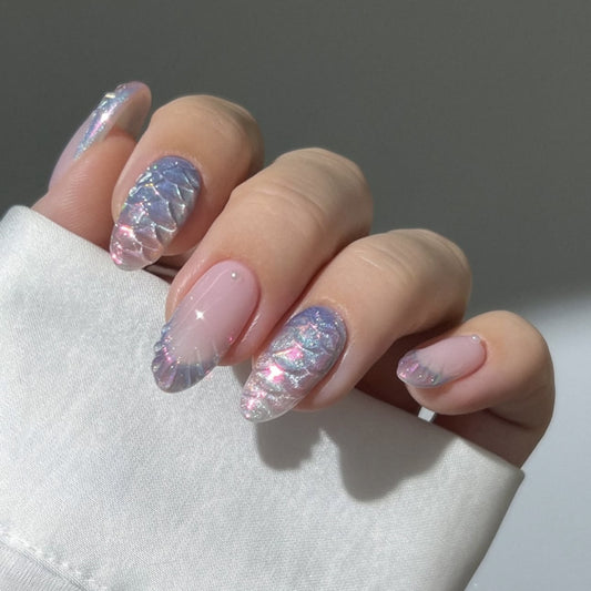 Mermaid Dreams Long Oval Iridescent Press On Nail Set with Shimmering Scale Design