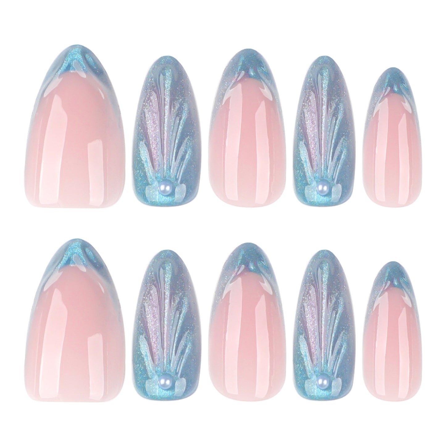 Enchanted Garden Medium Almond Pink and Iridescent Blue Press On Nail Set with Decorative Feather Design