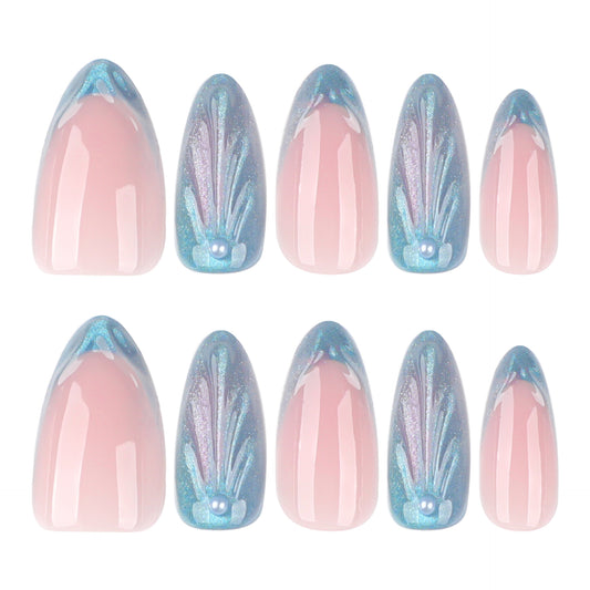 Enchanted Garden Medium Almond Pink and Iridescent Blue Press On Nail Set with Decorative Feather Design