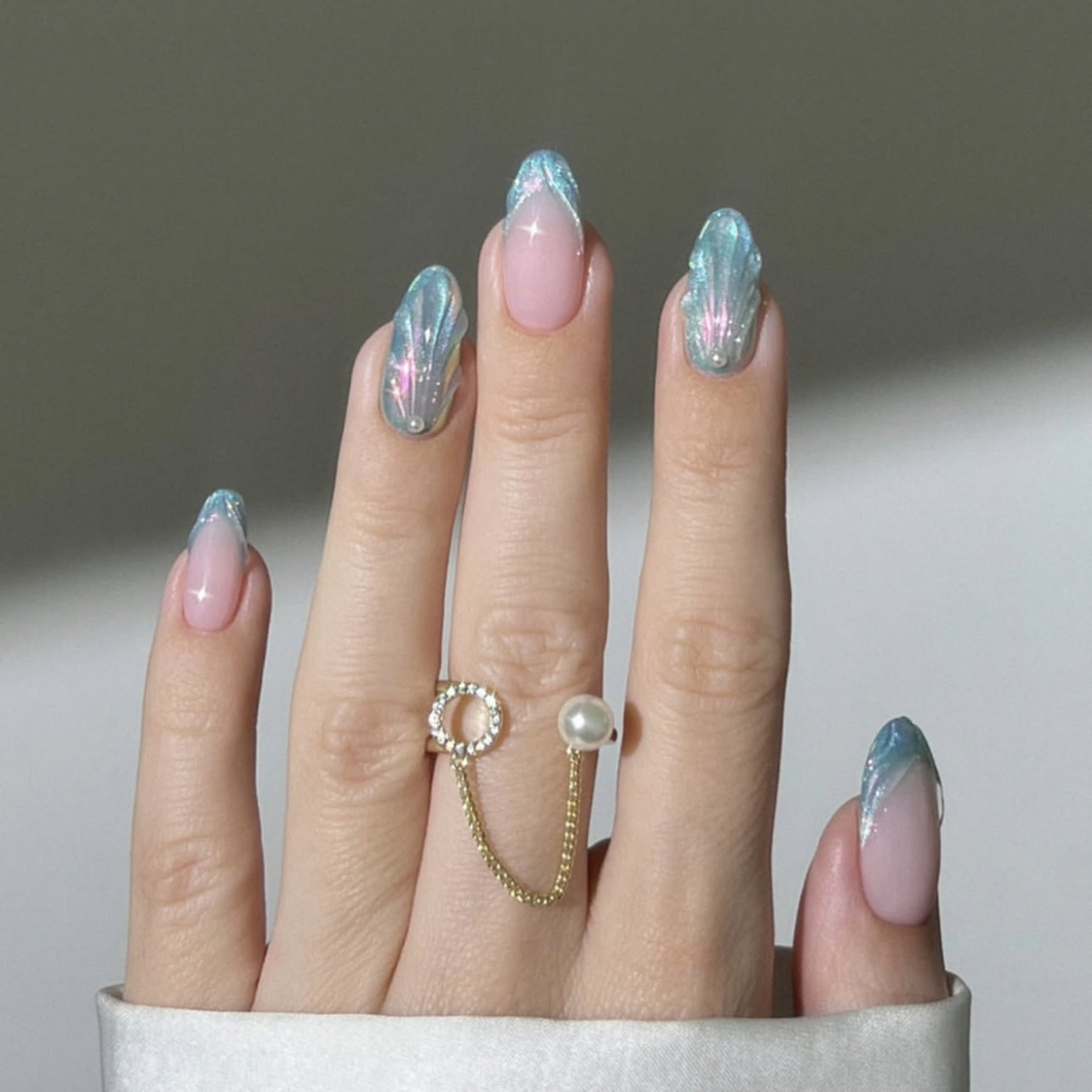 Celestial Dream Medium Almond Ombre Pink with Iridescent Glitter Tips Press-On Nail Set