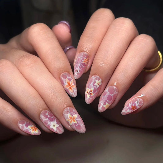 Blossom Dreamy Pink Medium Almond Floral Press On Nail Set Trendy Design with Elegant Patterns