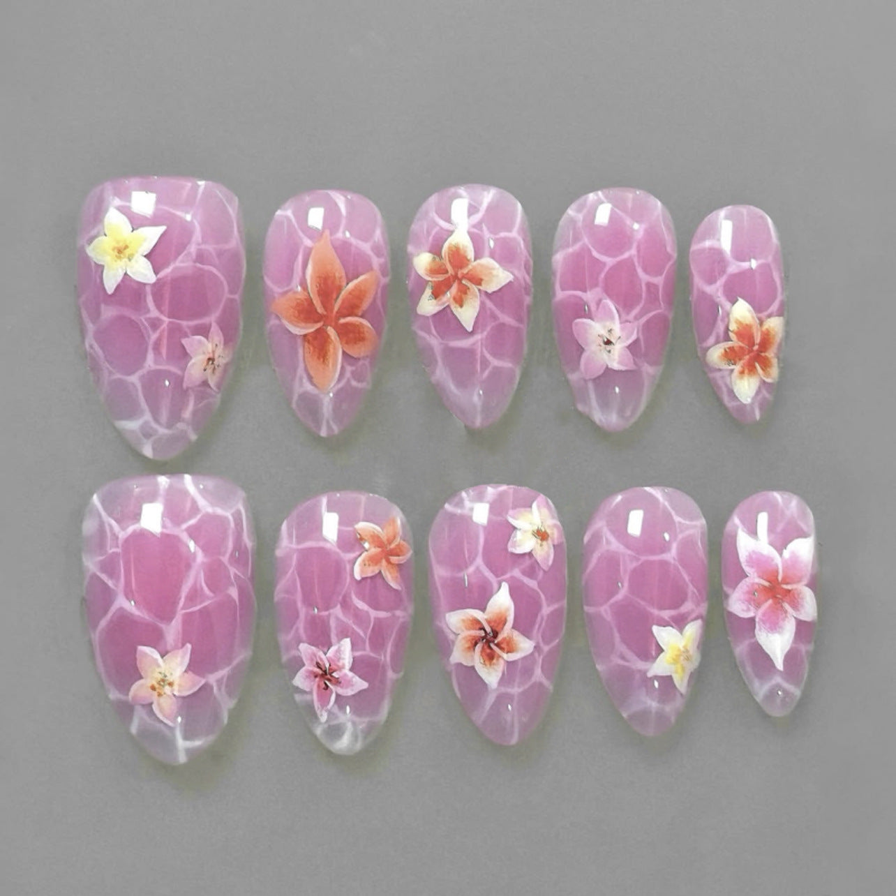 Tropical Blossom Glamour Medium Almond Pink Press On Nail Set with Floral Accents