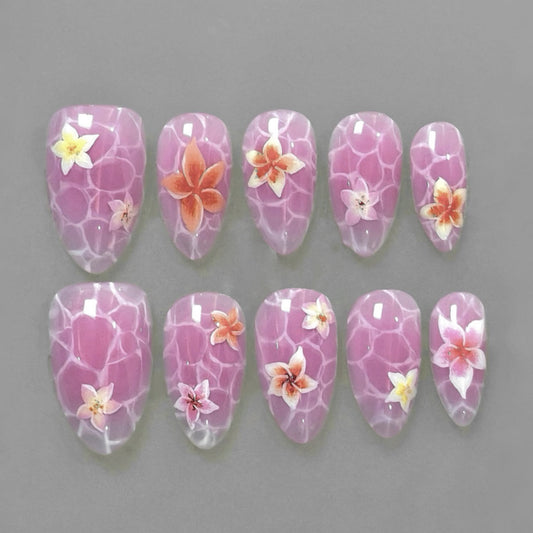 Tropical Blossom Glamour Medium Almond Pink Press On Nail Set with Floral Accents