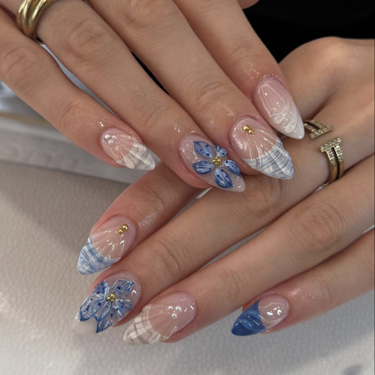 Whimsical Floral Fantasy Long Almond Blue and White with Elegant Floral Accents Press-On Nail Set