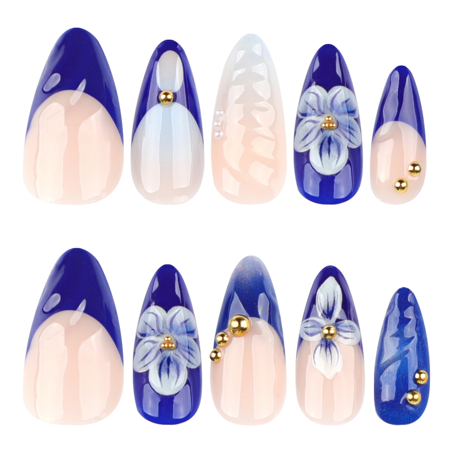 Enchanted Floral Oceanic Medium Almond Blue Gradient with Elegant Gold Accents Press On Nail Set
