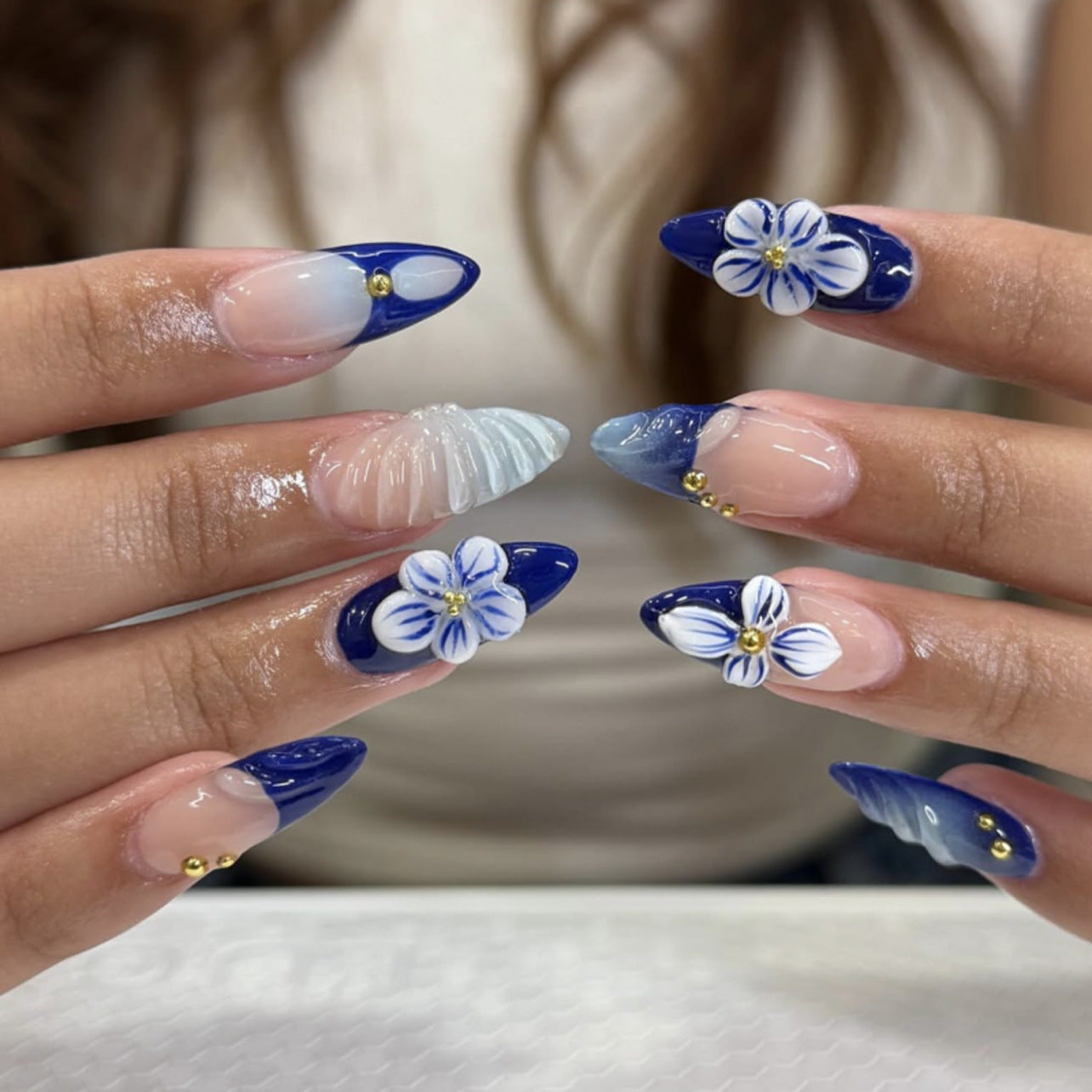 Whimsical Ocean Dream Long Almond Navy Blue with Floral Accents and Glittering Gems Press On Nail Set