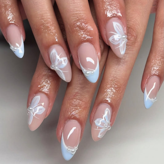 Whimsical Floral Elegance Long Almond Blue and Beige Gradient with Pearl Accents Press-On Nail Set