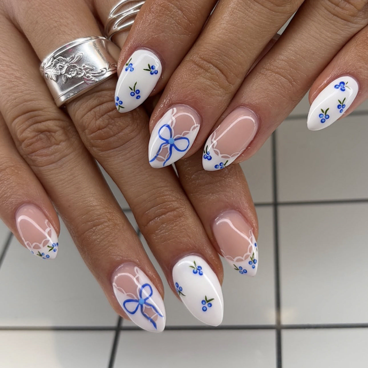 Whimsical Garden Medium Almond White Floral Press On Nail Set with Blue Accents