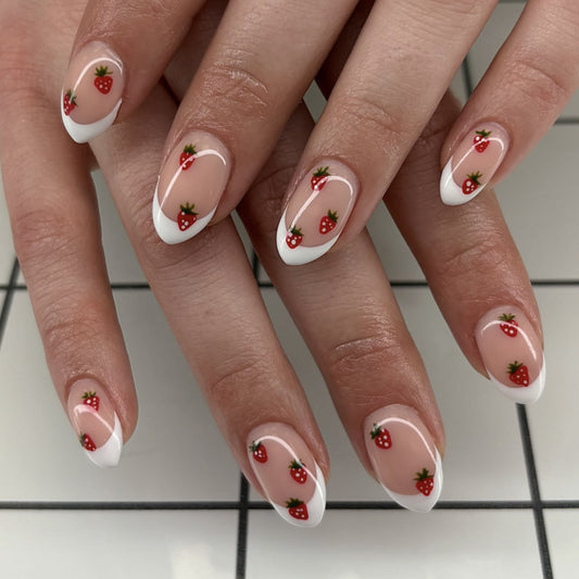 Vintage Strawberry Dream Short Almond Shaped White and Pink Nail Set with Charming Fruit Design