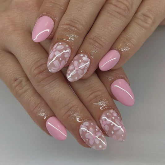 Blossoming Elegance Short Almond Shaped Pink Press On Nail Set with Charming Floral Accents