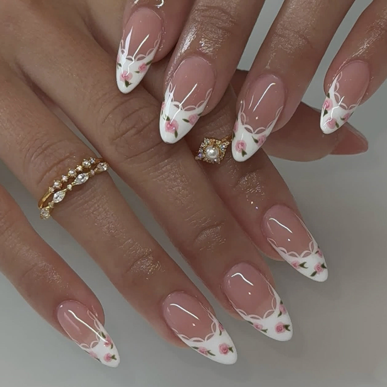Romantic Garden Medium Almond Pink Floral Press On Nail Set with Elegant White Tip Artistry