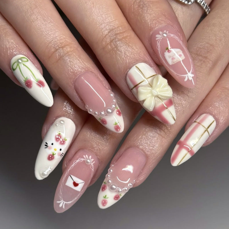 Charming Floral Design Long Almond Pink and White Press On Nail Set with Whimsical Bow and Pearl Accents