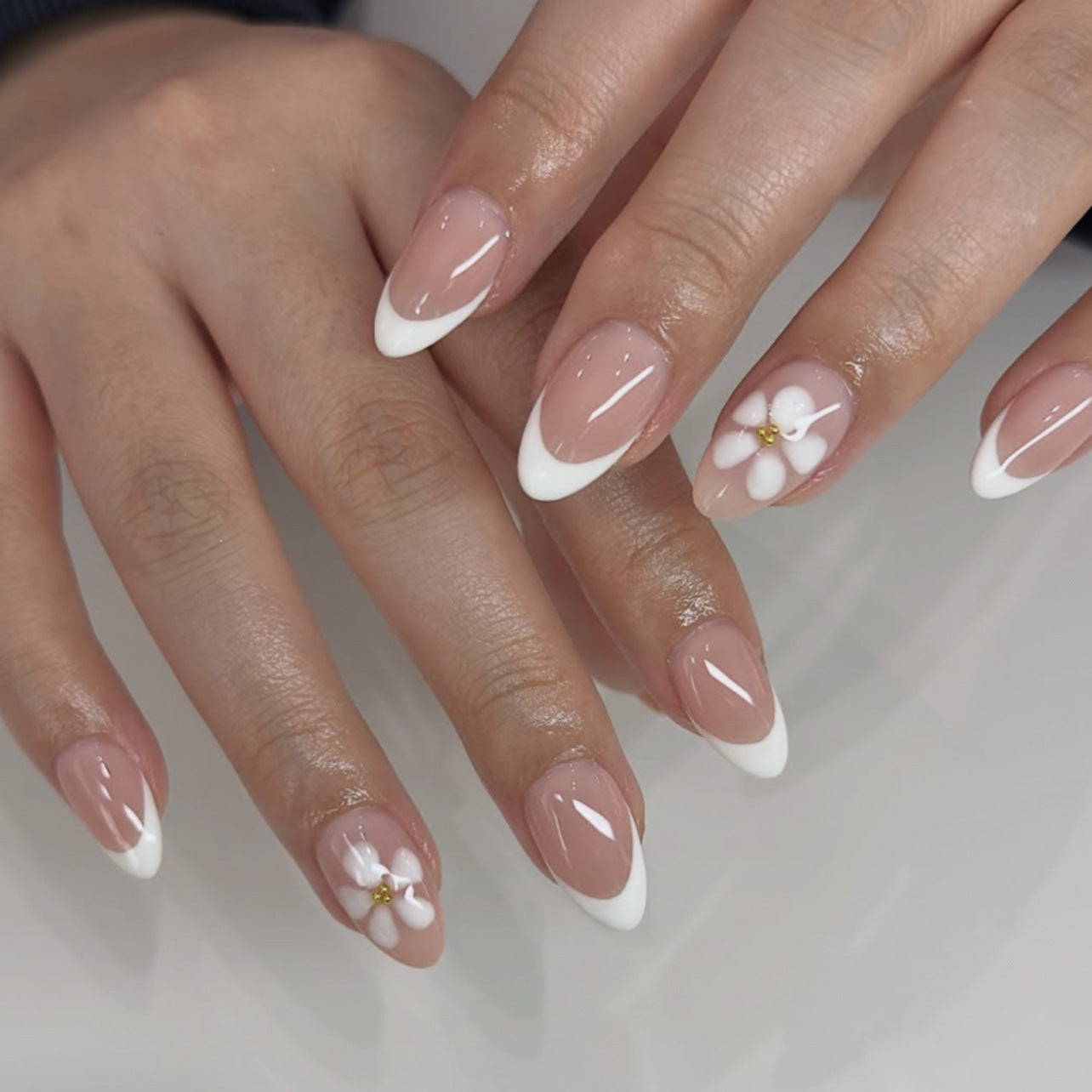 Floral Fantasy Medium Almond Pink and White Press On Nail Set with Elegant Flower Accent