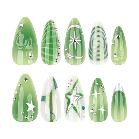 Mystical Green Dream Medium Almond Press-On Nail Set with Dazzling Gems and Whimsical Patterns