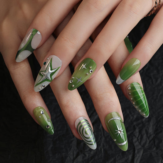 Enchanted Forest Long Almond Green Nail Set with Dazzling Gem Accents and Unique Swirl Designs