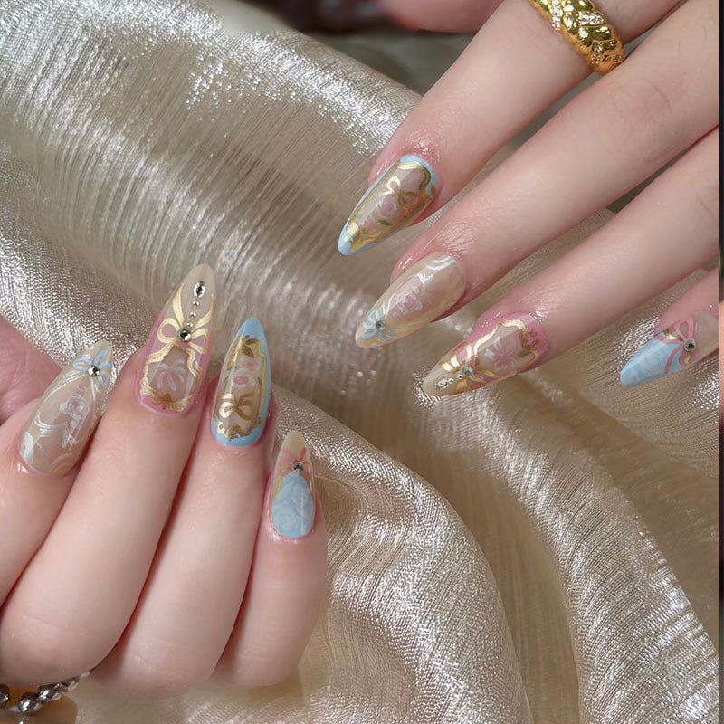 Elegant Garden Dream Long Almond Pastel Multi-Colored Floral Design Nail Set