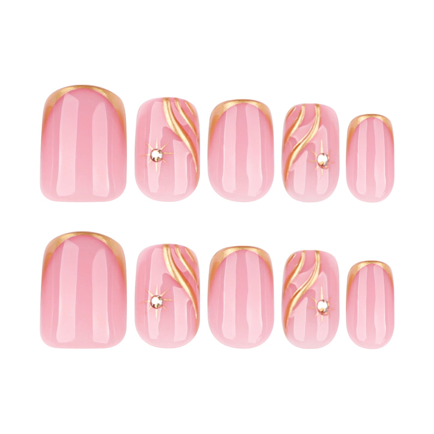 Blossom Elegance Short Square Light Pink with Elegant Gold Swirl Design and Gem Accents Press On Nail Set