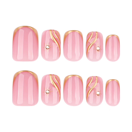 Blossom Elegance Short Square Light Pink with Elegant Gold Swirl Design and Gem Accents Press On Nail Set