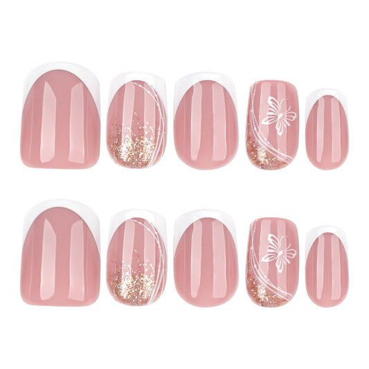 Enchanted Elegance Short Square Soft Pink with Glitter and Butterfly Design Press On Nail Set