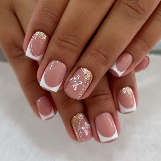 Butterfly Garden Elegant Short Square Glossy Soft Pink Nails with Sparkling Gold Accents
